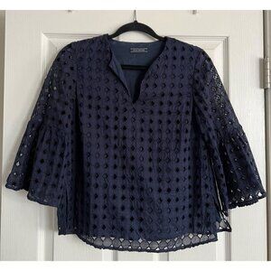 M.D.S Stripes | Navy Eyelet Blouse Sz 0‎